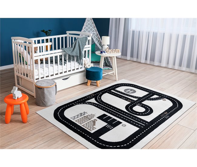 Alfombra FUN Track para niños calle pueblo 80x150 Blanco/ Negro