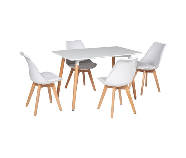 Conjunto de mesa rectangular PIA y 4 sillas NORA Blanco