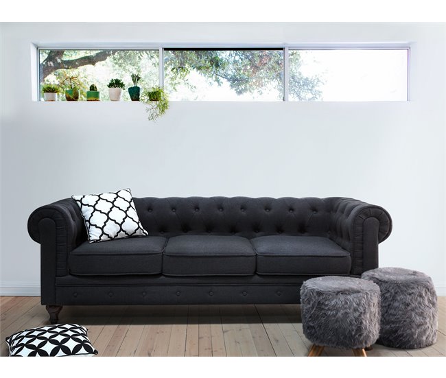 Beliani Sofá de 3 plazas Poliéster CHESTERFIELD Grafito