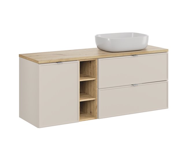 Conjunto muebles con lavabo 3 compartimientos cesto y columna Alba 140 Beige