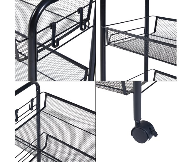 [en.casa] Carrito de cocina Tromsø con 3 cestas acero Negro