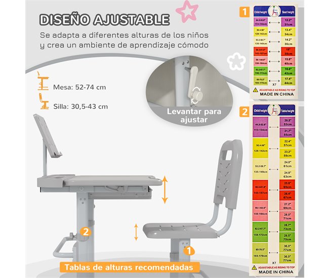 Pupitre Infantil PP, MDF, Acero ZONEKIZ 49x80 Gris