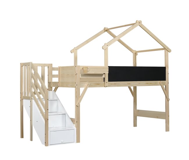 Cama alta cabaña infantil de madera de pino Natural/ Blanco