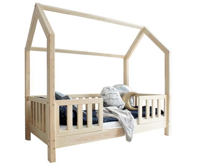 Cama cabaña con barandilla y somier patas de Daisy Madera