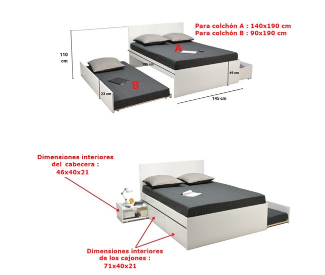 Cama nido ALPHA 140x190cm 2 cajones 1 mesita y cama blanco Blanco