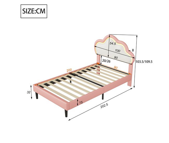 Cama tapizada de con cabecero ajustable, LED 100x202 Rosa
