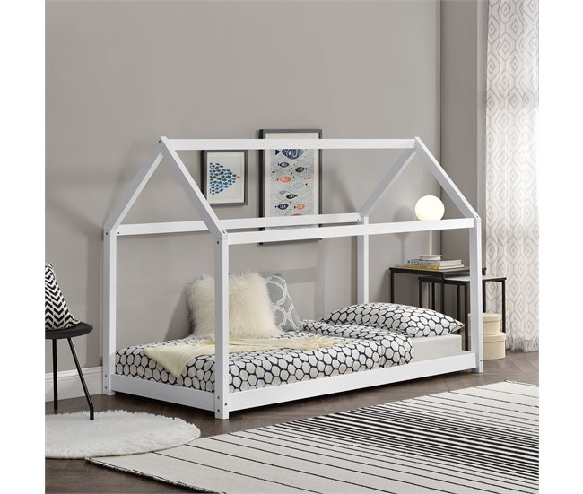 Cama infantil Netstal de madera pino Forma de casa 78x146 Blanco/ Beige