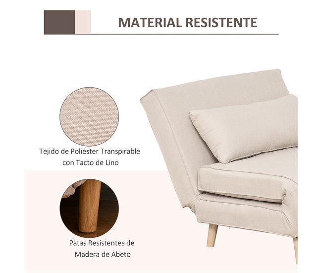 Sofá Cama Poliéster con Tacto de Lino, Madera de Caucho HOMCOM Crudo