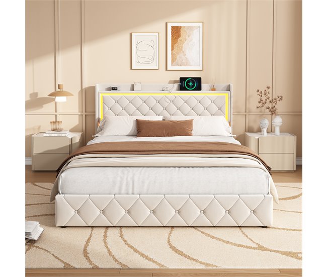 Cama LED, puertos USB, elevación gas Beige