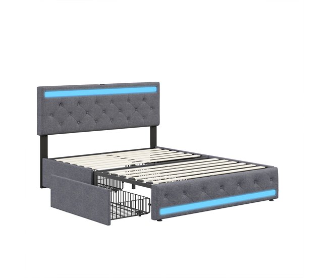 Cama tapizada, LED, 4 cajones, USB 186x210 Gris
