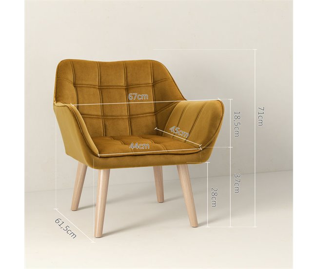 Butaca de Salón Terciopelo, Madera de Caucho HOMCOM Amarillo