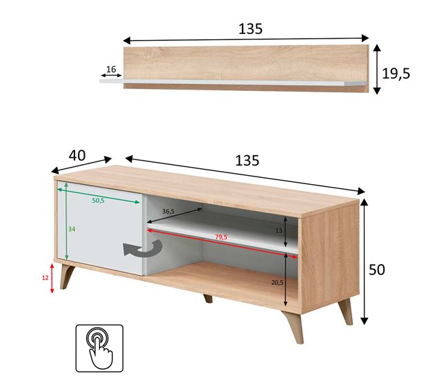 Mueble TV Kiko 1 Estante 1 Puerta Roble/Blanco Blanco