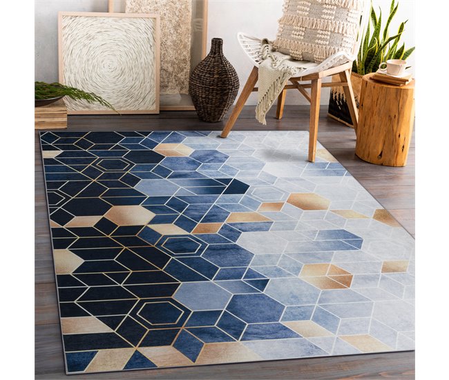 Alfombra lavable ANDRE 1216 Cubo Geométrico 160x220 Azul
