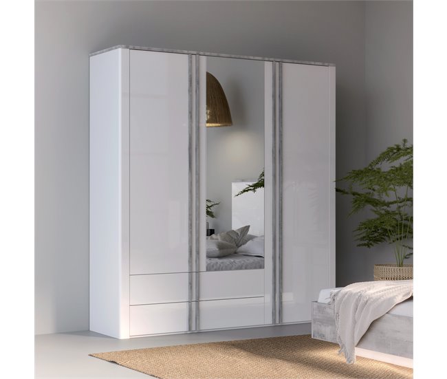 Armario BUGANVILLA puertas batientes con espejo y cajones 201x216cm Blanco