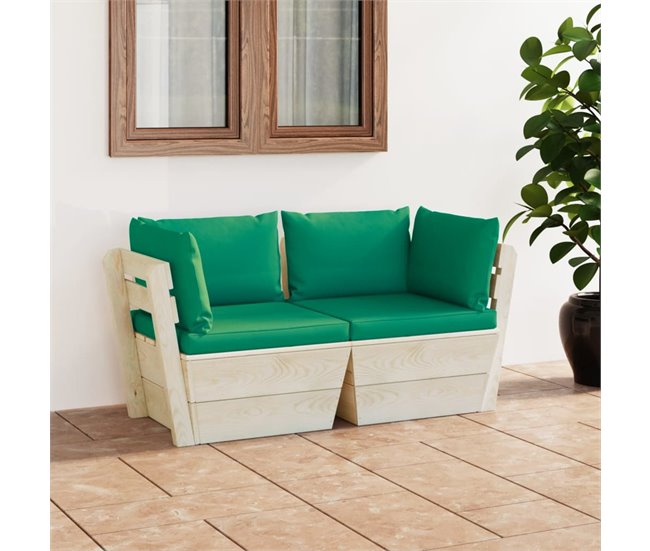 Sofá de palets de jardín 2 plazas con cojines madera de abeto Verde Oscuro