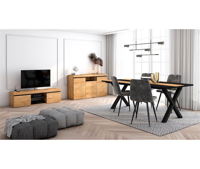 Conjunto Muebles de Salón, Mesa, Aparador, Mueble TV Roble