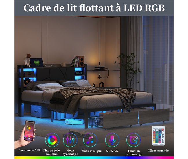 Cama doble con USB, 2 cajones, cabecero PU y LED Negro