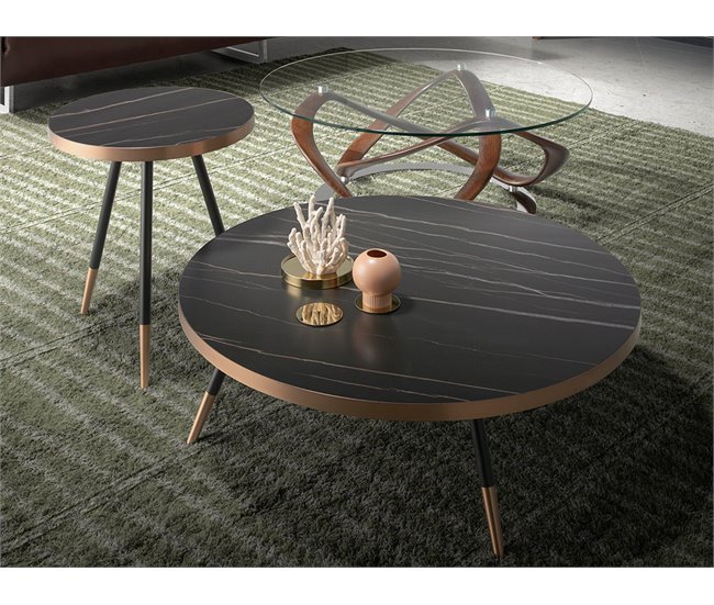 Mesa centro redonda mármol porcelánico y acero negro Negro/ Naranja