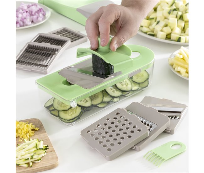 Cortador de Verduras, Rallador y Mandolina con Recetas y Accesorios 7 en 1 Gris