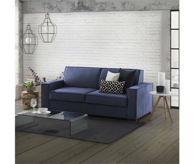 Sofá fixo de 2 lugares em tecido Azul