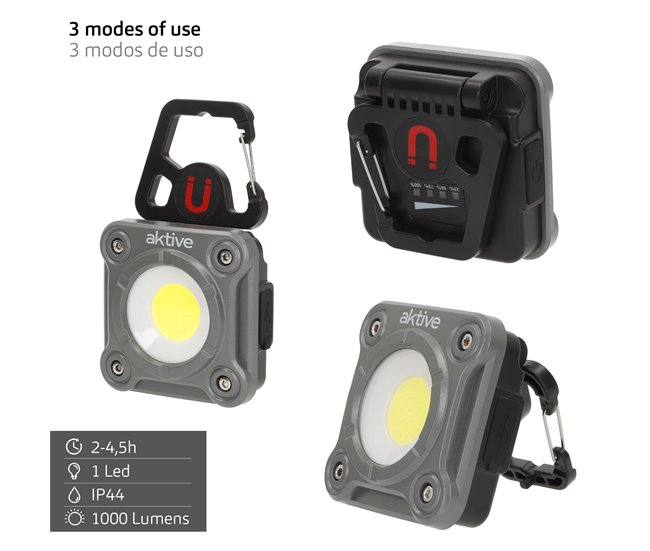 Aktive Foco LED portátil multiusos 3 posiciones c/cargador USB Gris