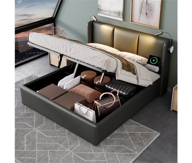 Cama de matrimonio de pu con almacenaje 165x206 Gris