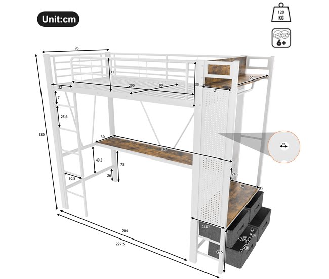 Cama alta para niños 95x227 Blanco/ Madera