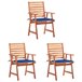 3 Sillas comedor de jardín de madera maciza acacia con cojines Azul Marino