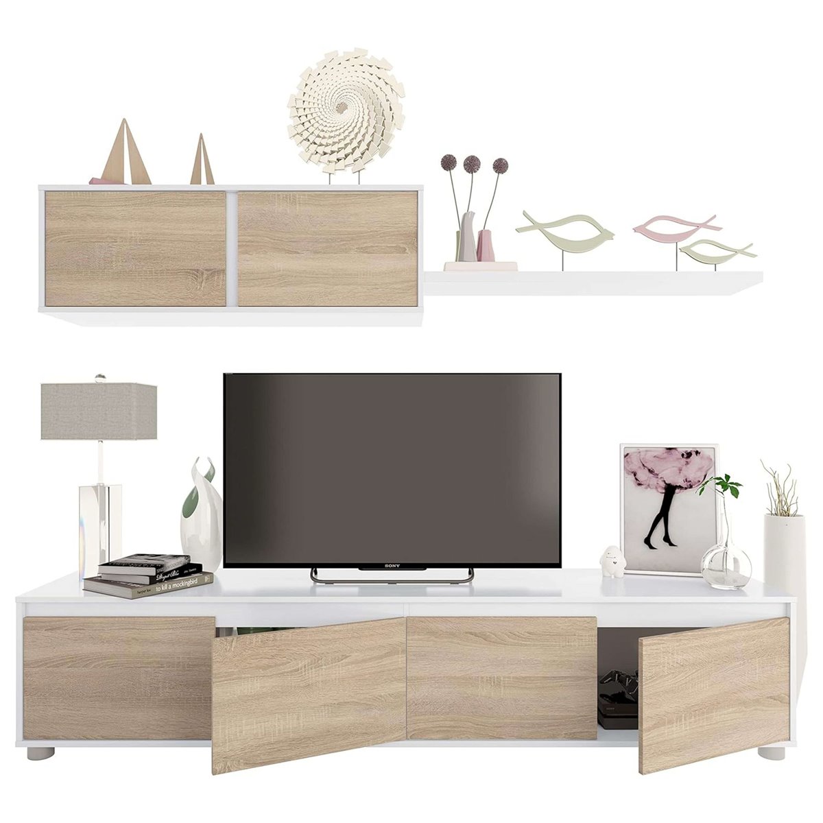 Mueble TV Azzaro 150 Cm Salón Comedor Estilo Nórdico En Color Roble Japones Y Blanco Mate 150x47x40 Cm 86449928