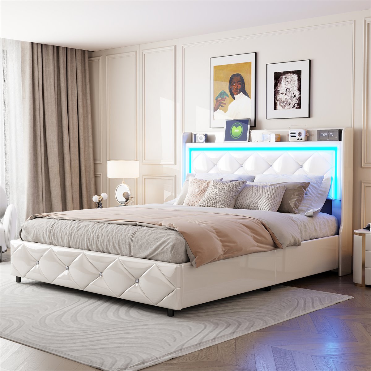 Anajqaqia Cama Doble Tapizada De 140 × 190 Cm Con Carga USB Y Luz LED, Con, image size:1200x1200