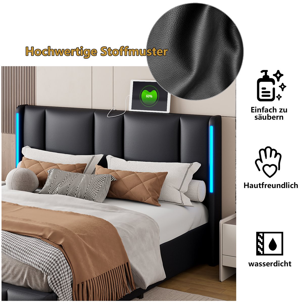 YYXLDYNB - Cama Con Cajón De 140 X 200 Cm, Cabecera Con Iluminación LED Y  Carga USB,, image size:1200x1200