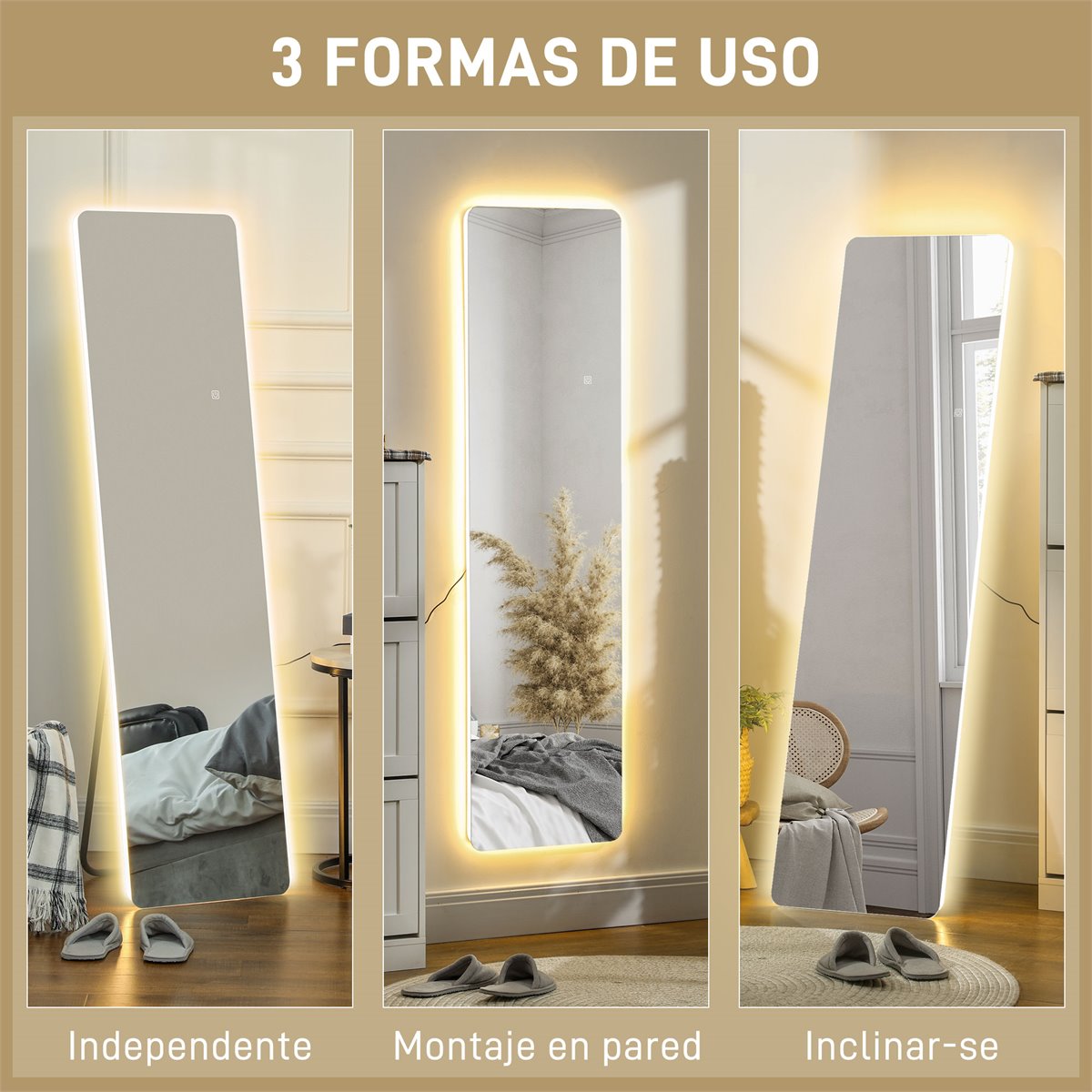 Espejo De Cuerpo Entero Con Luces LED De Pie Luz Ajustable De 3 Colores 50x151 Cm HOMCOM